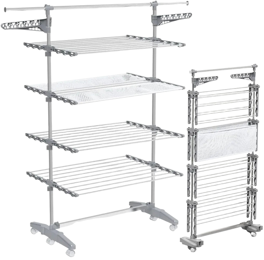 VOUNOT® Tendedero Vertical Plegable, Tendedores de Ropa Tipo Torre, Estantes Secado Ropa con Alas Plegables, 6 Ruedas y Malla