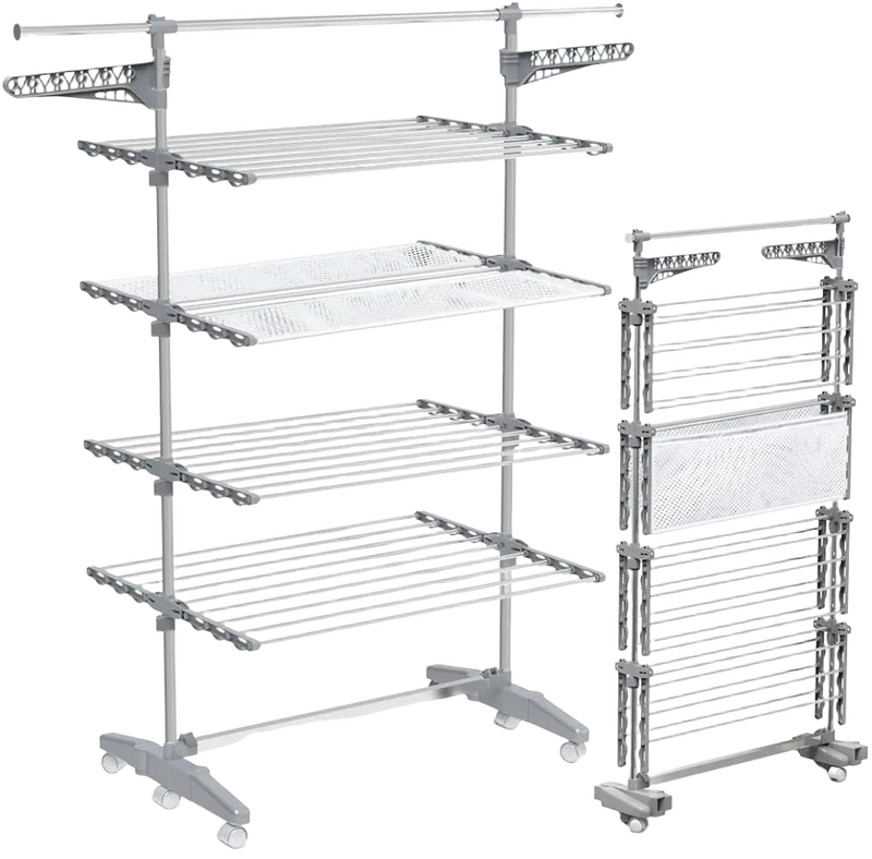 VOUNOT® Tendedero Vertical Plegable, Tendedores de Ropa Tipo Torre, Estantes Secado Ropa con Alas Plegables, 6 Ruedas y Malla